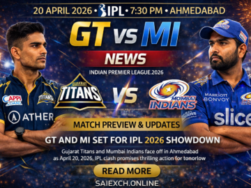 GT vs MI news featured image for IPL 2026 showing Gujarat Titans and Mumbai Indians match preview and team news graphic