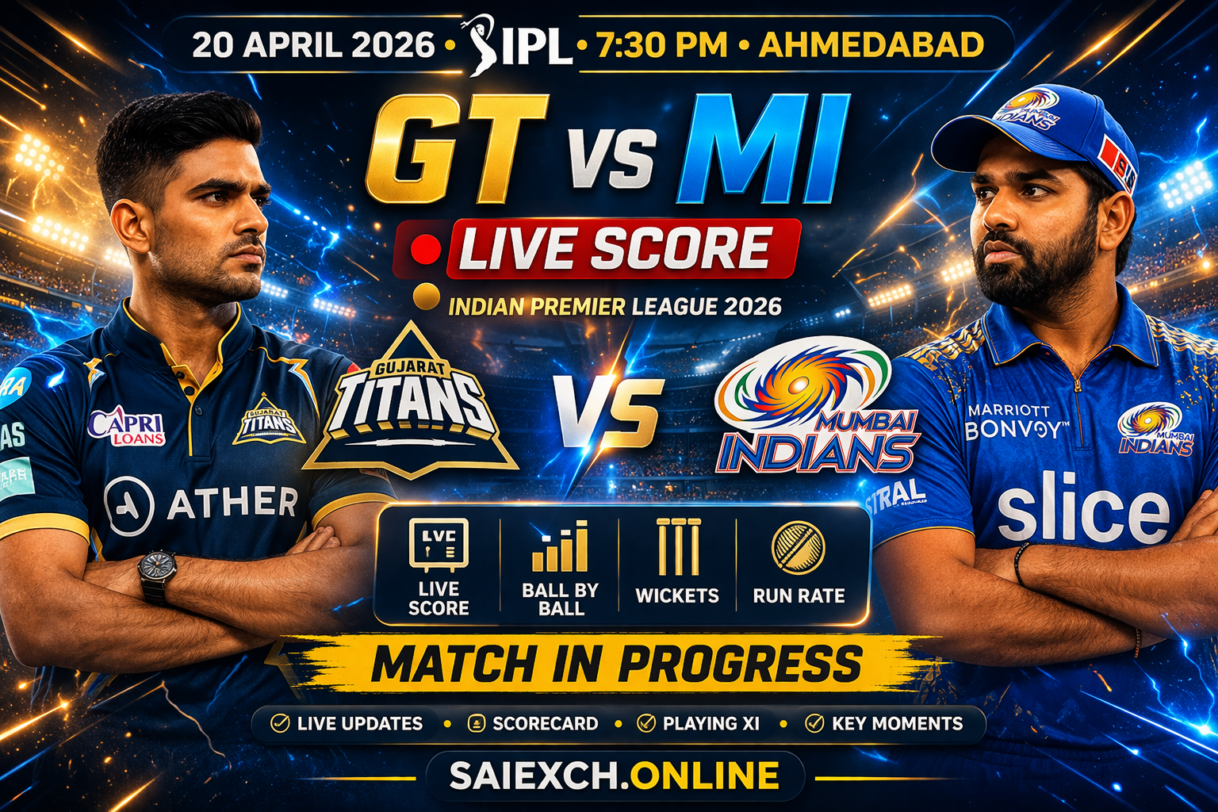 GT vs MI live score featured image for IPL 2026 showing Gujarat Titans and Mumbai Indians with live match updates, scorecard, and match in progress graphic