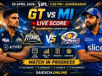 GT vs MI live score featured image for IPL 2026 showing Gujarat Titans and Mumbai Indians with live match updates, scorecard, and match in progress graphic