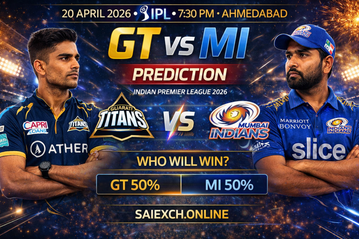 GT vs MI match prediction image for IPL 2026 showing Gujarat Titans and Mumbai Indians with winning chances graphic