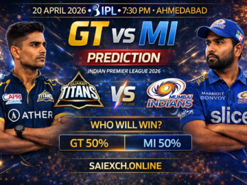 GT vs MI match prediction image for IPL 2026 showing Gujarat Titans and Mumbai Indians with winning chances graphic