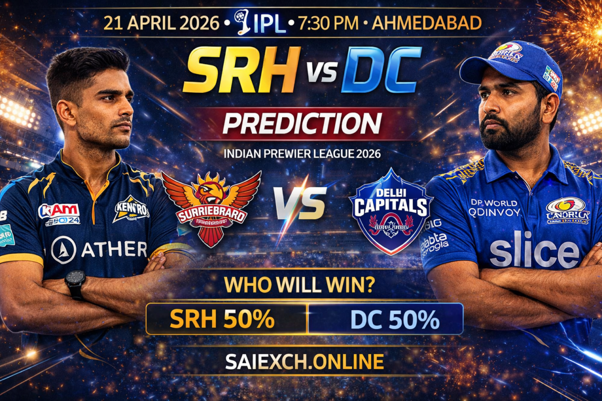 SRH vs DC match prediction image for IPL 2026 showing Sunrisers Hyderabad and Delhi Capitals with winning chances graphic