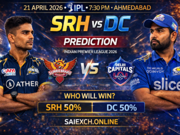 SRH vs DC match prediction image for IPL 2026 showing Sunrisers Hyderabad and Delhi Capitals with winning chances graphic