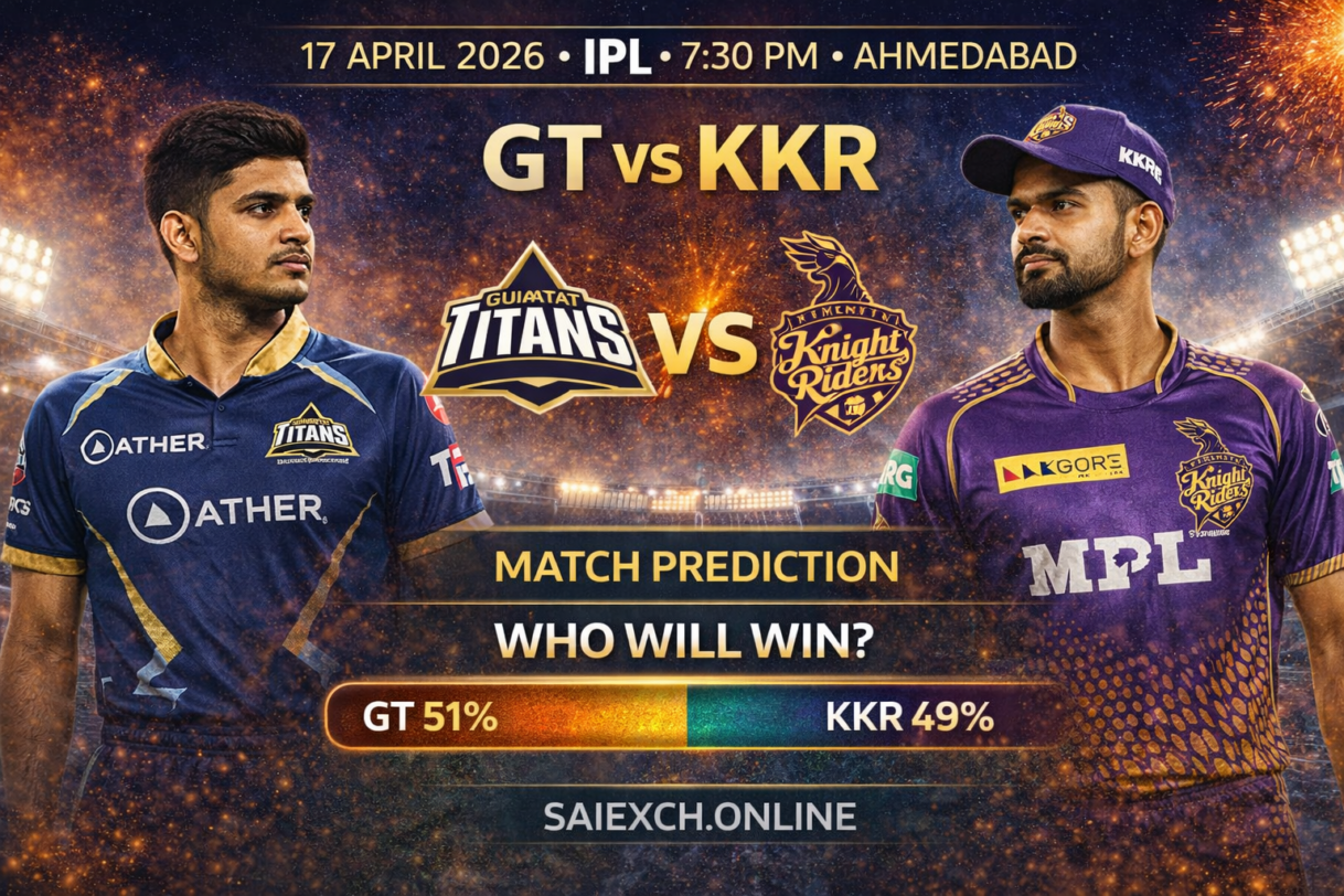GT vs KKR match prediction image for IPL 2026 showing Gujarat Titans and Kolkata Knight Riders with win percentage graphic