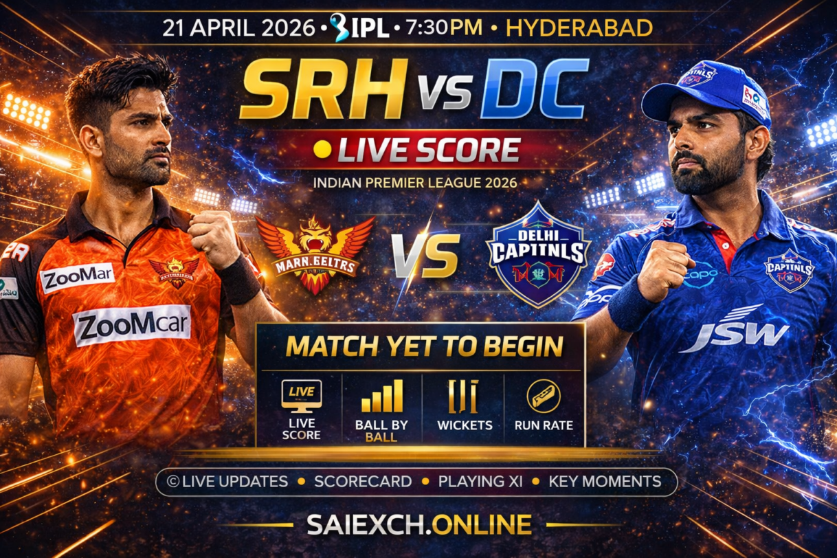 SRH vs DC live score featured image for IPL 2026 showing Sunrisers Hyderabad and Delhi Capitals with live match updates and match in progress graphic