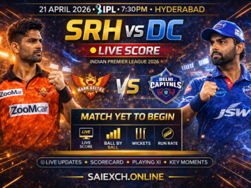 SRH vs DC live score featured image for IPL 2026 showing Sunrisers Hyderabad and Delhi Capitals with live match updates and match in progress graphic