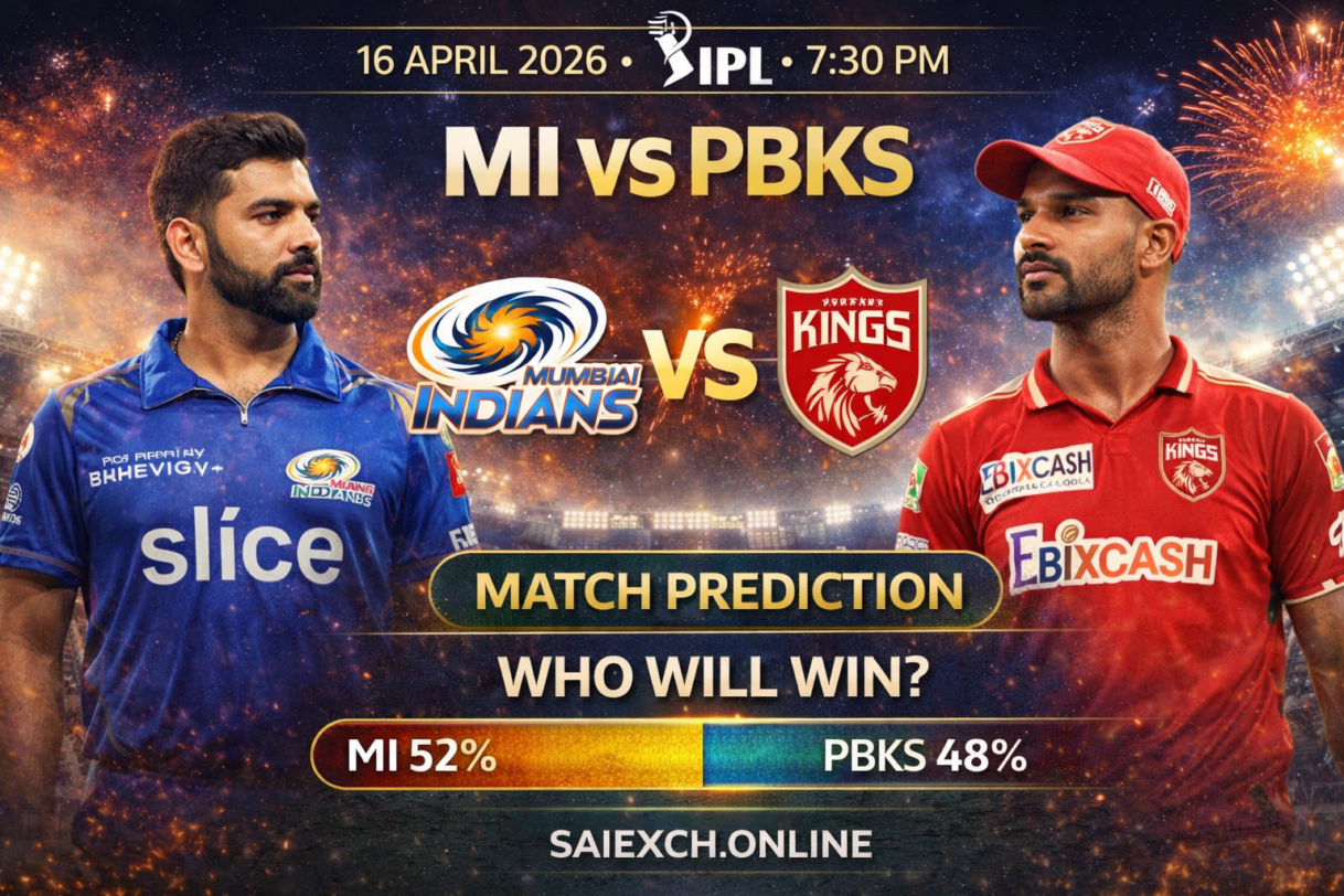 MI vs PBKS match prediction image for IPL 2026 showing Mumbai Indians and Punjab Kings with win percentage graphic