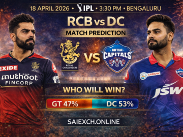 RCB vs DC match prediction image for IPL 2026 showing Royal Challengers Bengaluru and Delhi Capitals with win percentage graphic