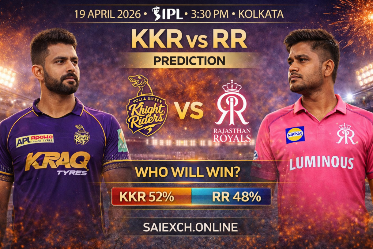 KKR vs RR match prediction image for IPL 2026 showing Kolkata Knight Riders and Rajasthan Royals with win percentage graphic