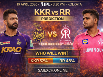 KKR vs RR match prediction image for IPL 2026 showing Kolkata Knight Riders and Rajasthan Royals with win percentage graphic