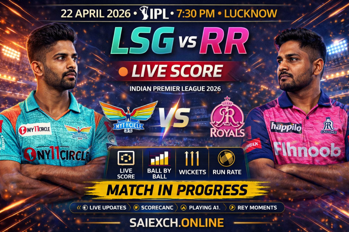 LSG vs RR live score featured image for IPL 2026 showing Lucknow Super Giants and Rajasthan Royals with live match updates and match in progress graphic