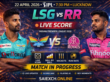 LSG vs RR live score featured image for IPL 2026 showing Lucknow Super Giants and Rajasthan Royals with live match updates and match in progress graphic