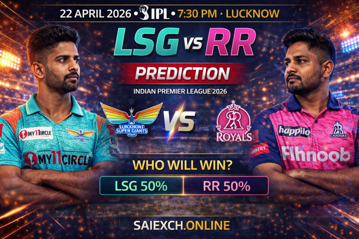 LSG vs RR match prediction image for IPL 2026 showing Lucknow Super Giants and Rajasthan Royals with winning chances graphic