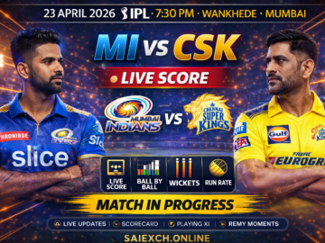 MI vs CSK live score featured image for IPL 2026 showing Mumbai Indians and Chennai Super Kings with live match updates and match in progress graphic