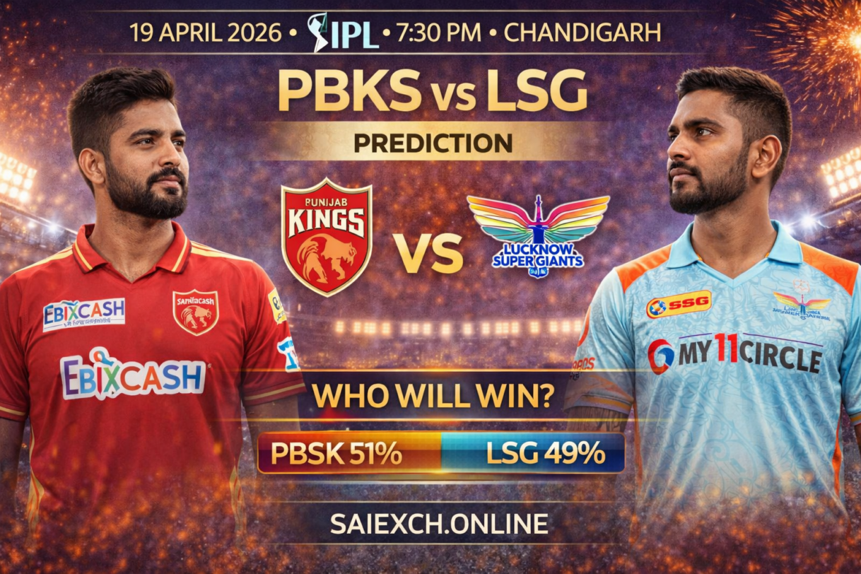 PBKS vs LSG match prediction image for IPL 2026 showing Punjab Kings and Lucknow Super Giants with win percentage graphic
