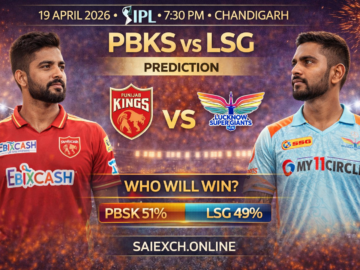 PBKS vs LSG match prediction image for IPL 2026 showing Punjab Kings and Lucknow Super Giants with win percentage graphic