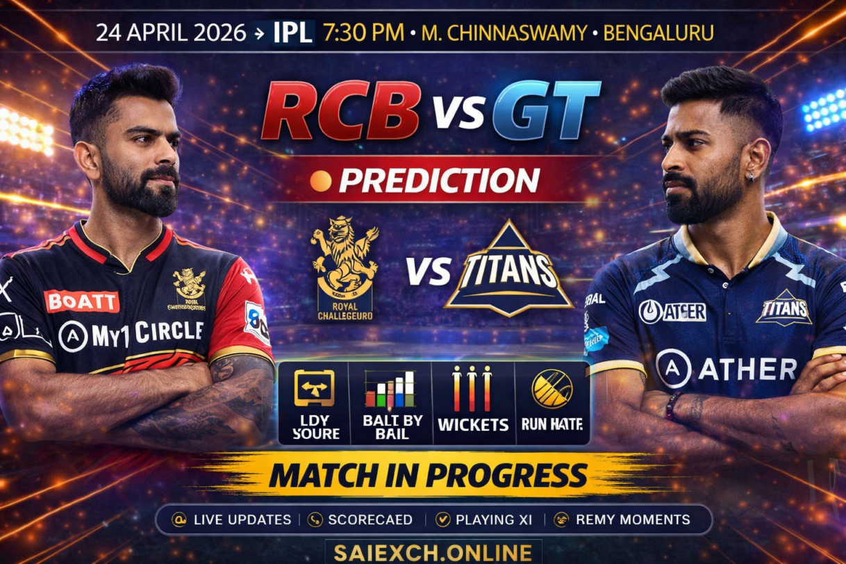 RCB vs GT match prediction image for IPL 2026 showing Royal Challengers Bengaluru and Gujarat Titans with prediction graphic before the Bengaluru clash