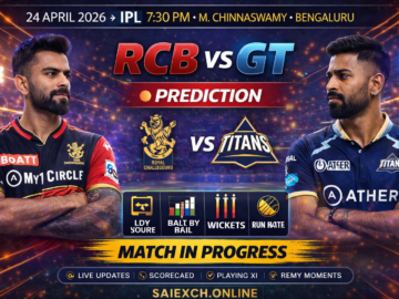 RCB vs GT match prediction image for IPL 2026 showing Royal Challengers Bengaluru and Gujarat Titans with prediction graphic before the Bengaluru clash