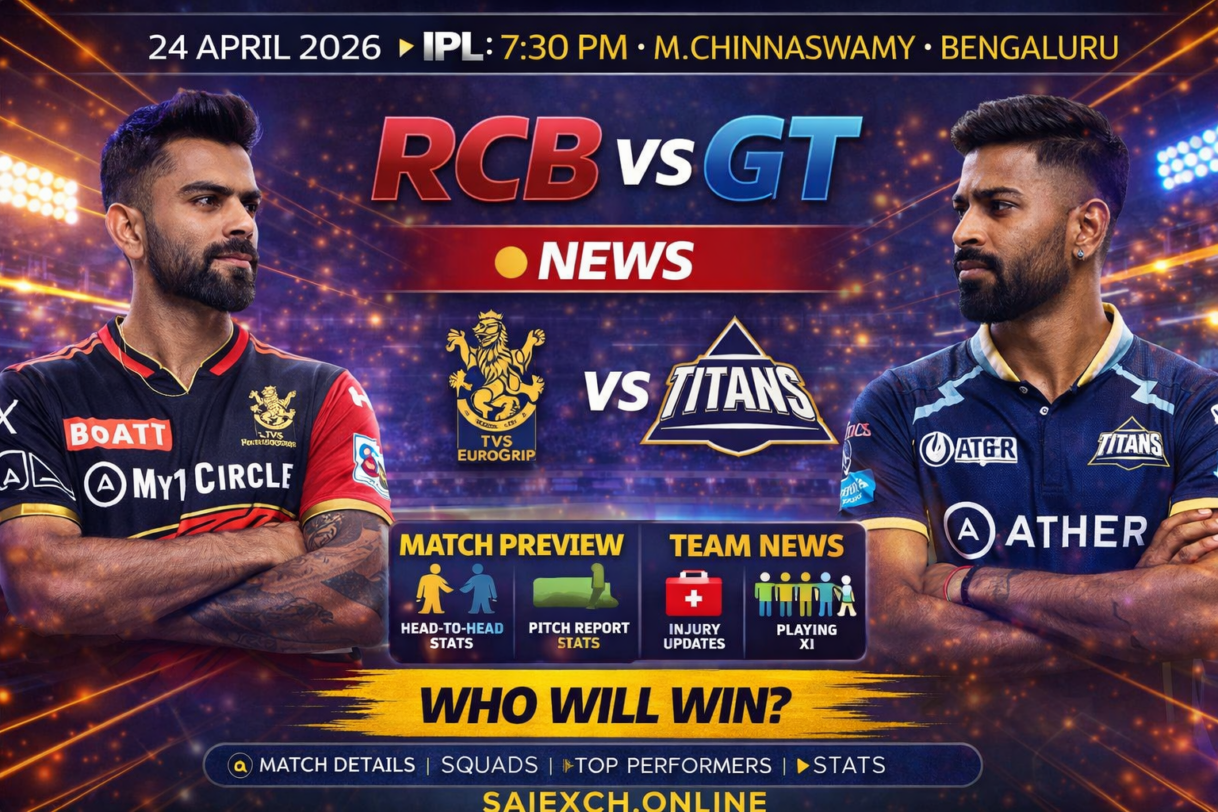 RCB vs GT news featured image for IPL 2026 showing Royal Challengers Bengaluru and Gujarat Titans match preview and team news graphic
