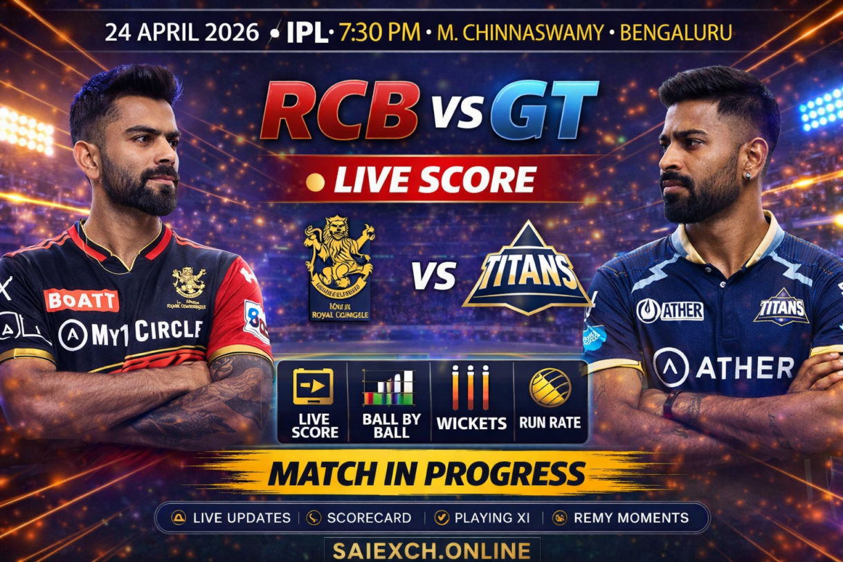 RCB vs GT live score featured image for IPL 2026 showing Royal Challengers Bengaluru and Gujarat Titans with live match updates and match in progress graphic
