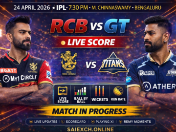 RCB vs GT live score featured image for IPL 2026 showing Royal Challengers Bengaluru and Gujarat Titans with live match updates and match in progress graphic
