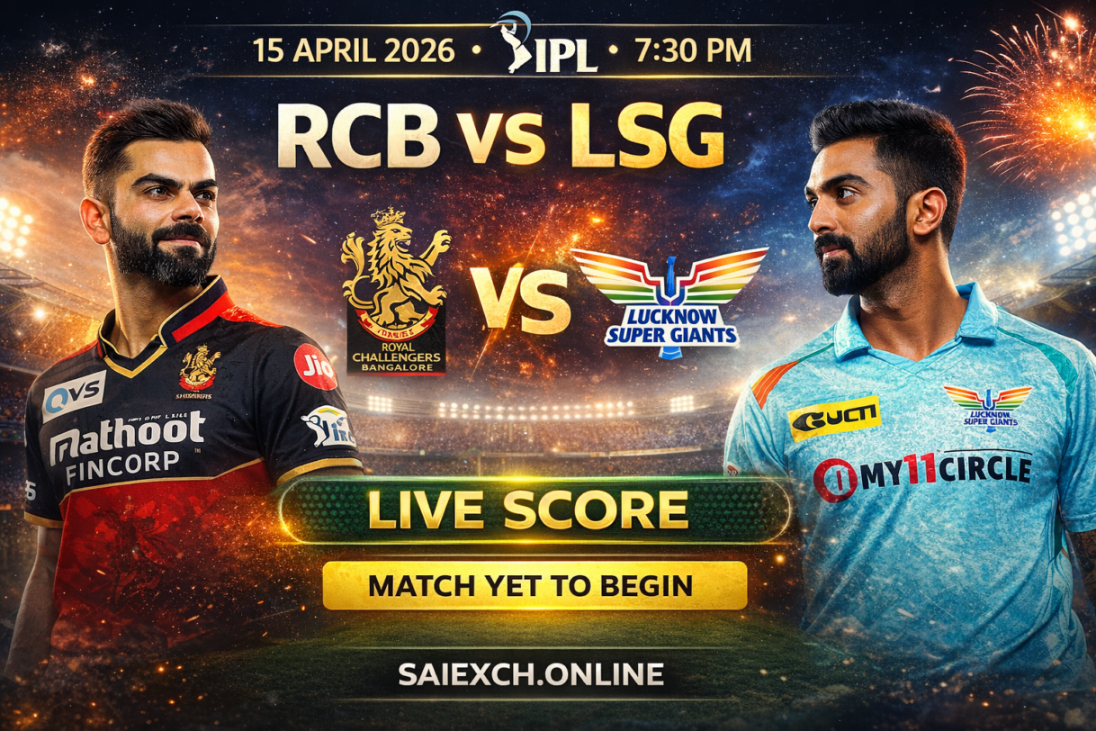 RCB vs LSG live score featured image for IPL 2026 showing Royal Challengers Bangalore and Lucknow Super Giants players with match yet to begin update