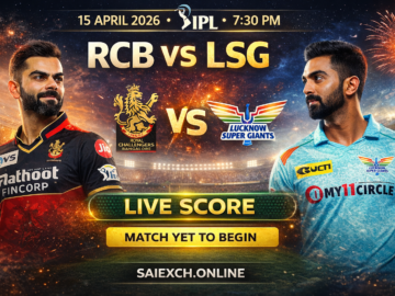 RCB vs LSG live score featured image for IPL 2026 showing Royal Challengers Bangalore and Lucknow Super Giants players with match yet to begin update