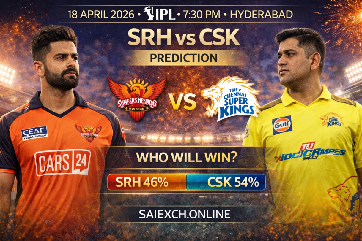 SRH vs CSK match prediction image for IPL 2026 showing Sunrisers Hyderabad and Chennai Super Kings with win percentage graphic