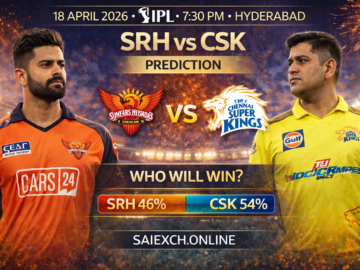 SRH vs CSK match prediction image for IPL 2026 showing Sunrisers Hyderabad and Chennai Super Kings with win percentage graphic