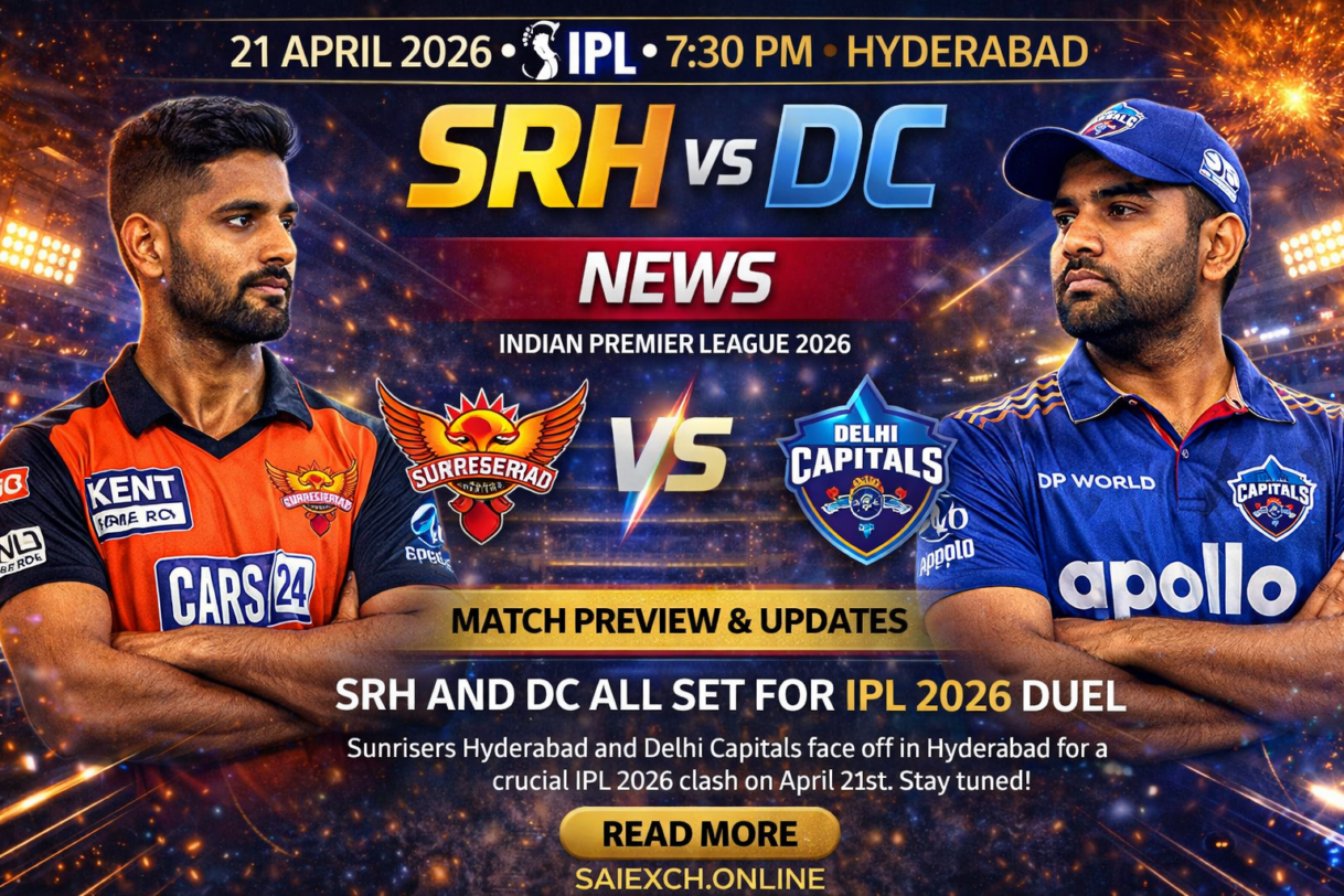 SRH vs DC news featured image for IPL 2026 showing Sunrisers Hyderabad and Delhi Capitals match preview and team news graphic